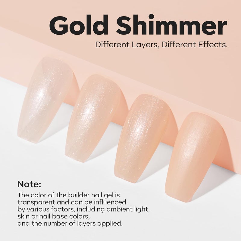 modelones Builder Nail Gel, 8-in-One Gold Shimmer Builder, Champagne Sparkle Glitter Rubber Color Base Gel Polish LED Lamp Cured, Apex Building Strengthener Extension for Home DIY Salon Girls - Image 2