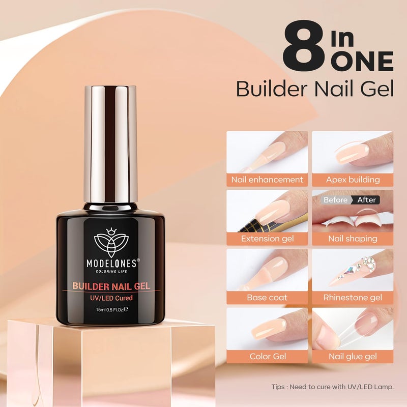 modelones Builder Nail Gel, 8-in-One Gold Shimmer Builder, Champagne Sparkle Glitter Rubber Color Base Gel Polish LED Lamp Cured, Apex Building Strengthener Extension for Home DIY Salon Girls - Image 4