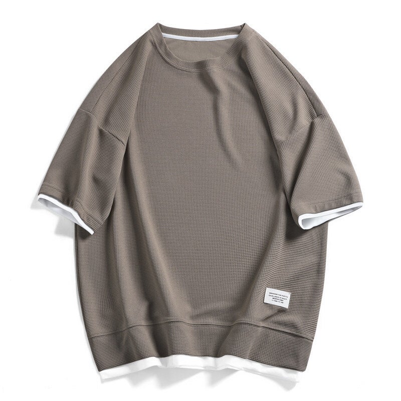 Casual Waffle T-Shirt Men'S Large Size Plus Fat Plus Korean Style Hong Kong Style Retro Youth Loose Version - Image 3
