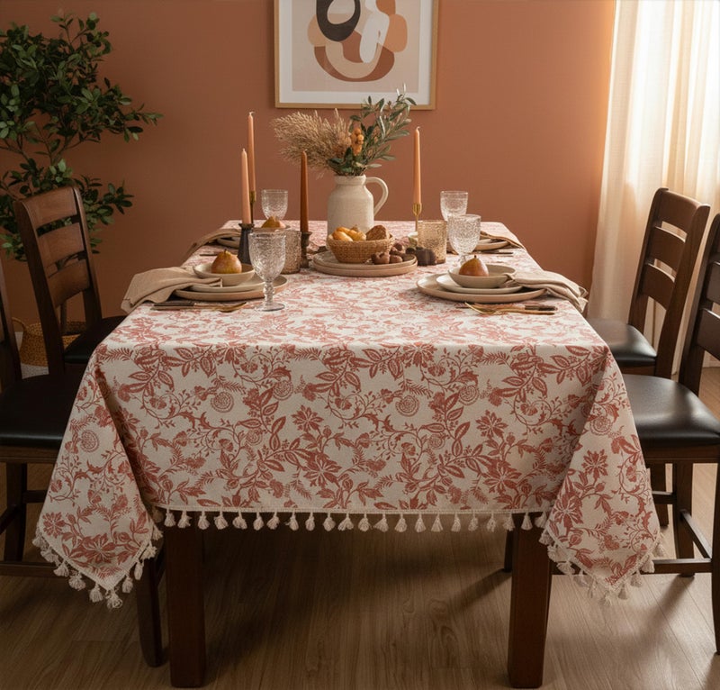 RUSTIQUE LINENS Printed Cotton Tablecloth with Tassels | 75 x 60 Inch – Washable & Colorfast Table Cover for Dining Room, Farmhouse, Kitchen, Home, Party & Wedding Décor - Vintage Floral Rusty Red - Image 2