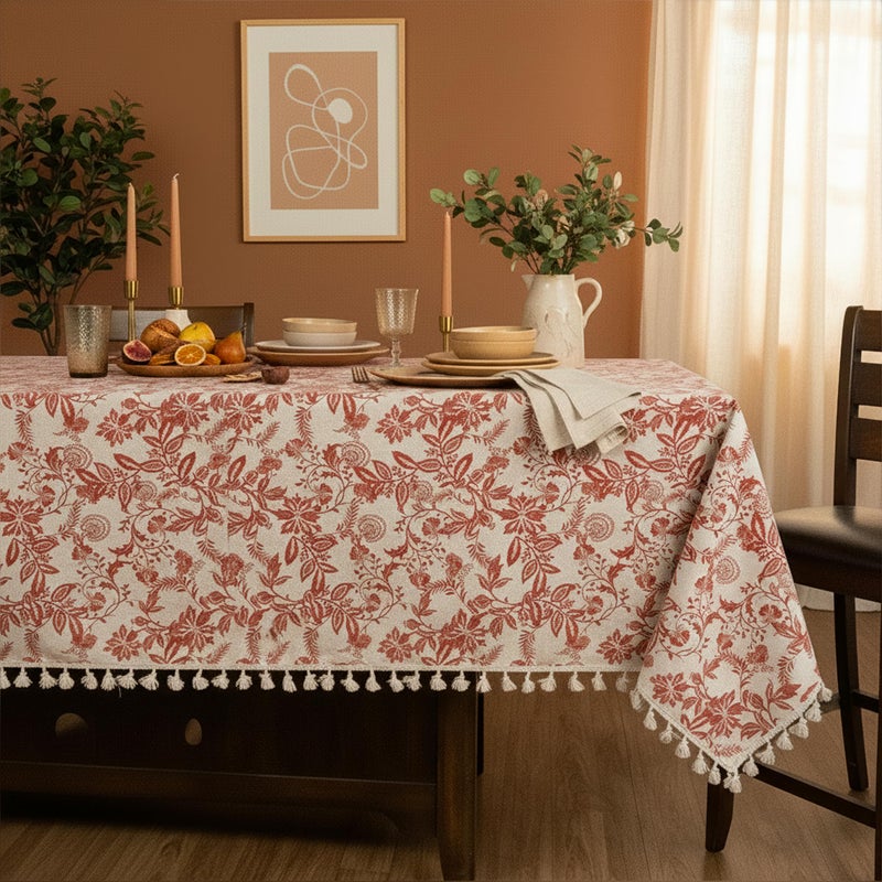 RUSTIQUE LINENS Printed Cotton Tablecloth with Tassels | 75 x 60 Inch – Washable & Colorfast Table Cover for Dining Room, Farmhouse, Kitchen, Home, Party & Wedding Décor - Vintage Floral Rusty Red - Image 5