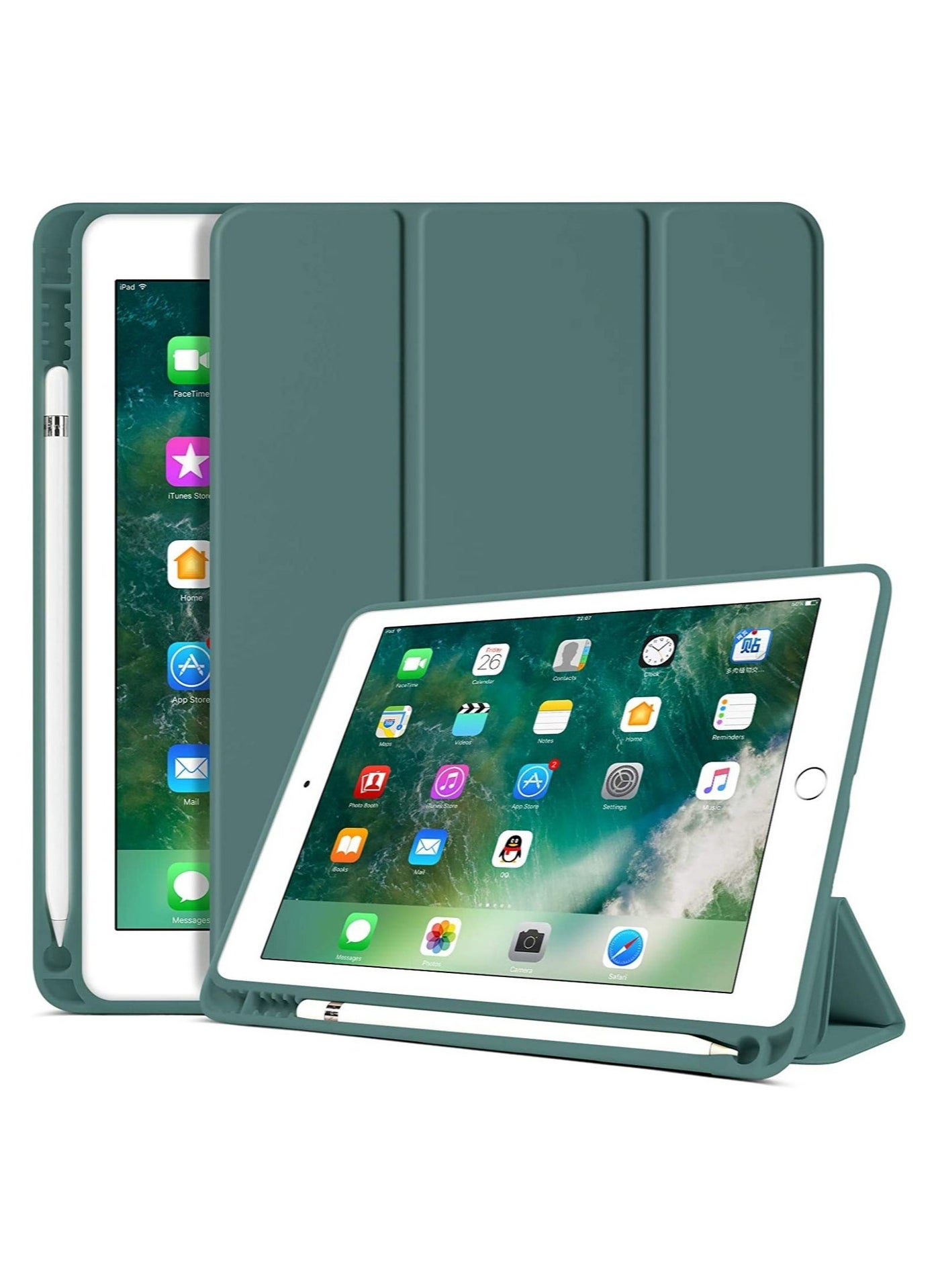 iPad 6th Generation Case, iPad 5th Generation with Pencil Holder, Premium Folio Folding Stand Smart Auto Wake/Sleep Protective Tablet Case for Apple iPad 9.7" 2018/2017,Midnight Green