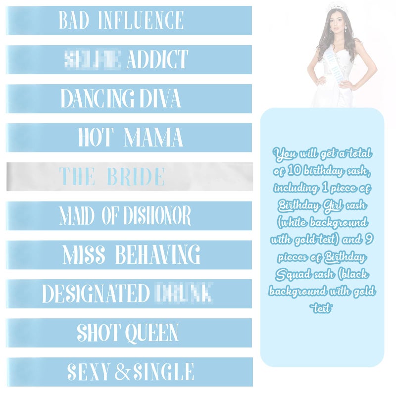 LEIFIDE 10 Pack Bride and Bridesmaid Sash Set Wedding Bachelorette Funny Team Gifts Sash Decorations for Woman Bride Bridesmaid of Honor Party Supplies (Blue, White) - Image 2