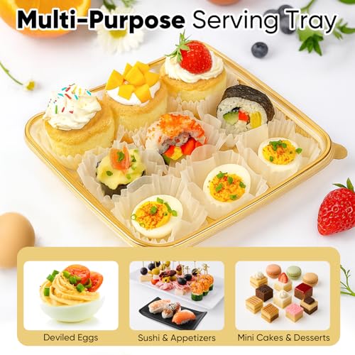 77L 72 Eggs Clear Deviled Egg Tray with Lid – Gold Plastic Party Serving Tray with Greaseproof Paper for Deviled Eggs, Sushi & Desserts - Image 3