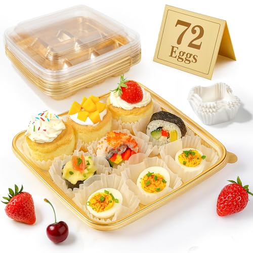 77L 72 Eggs Clear Deviled Egg Tray with Lid – Gold Plastic Party Serving Tray with Greaseproof Paper for Deviled Eggs, Sushi & Desserts - Image 1