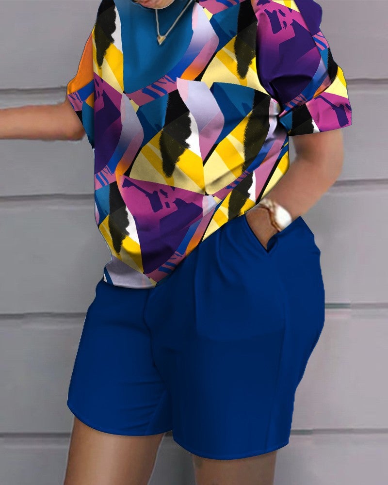 Hip-Hop Street Trendy Plus-Size Womens Casual Outfit blue print