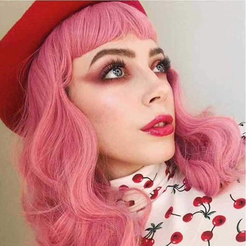 Rockabilly Vintage Wig Audrey Hepbum Short Bang Wig Long Finger Wavy Wigs for Women Pink