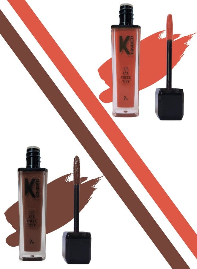 KINDED Lip Eye and Cheek Tint Combo for Women Girls Longlasting Moisturizing Vitamin E Liquid Lip Colour Lipstick Eyeshadow Blush (Matte Finish, Rust Crust & Choco Brown, 9 ml each) - Image 1