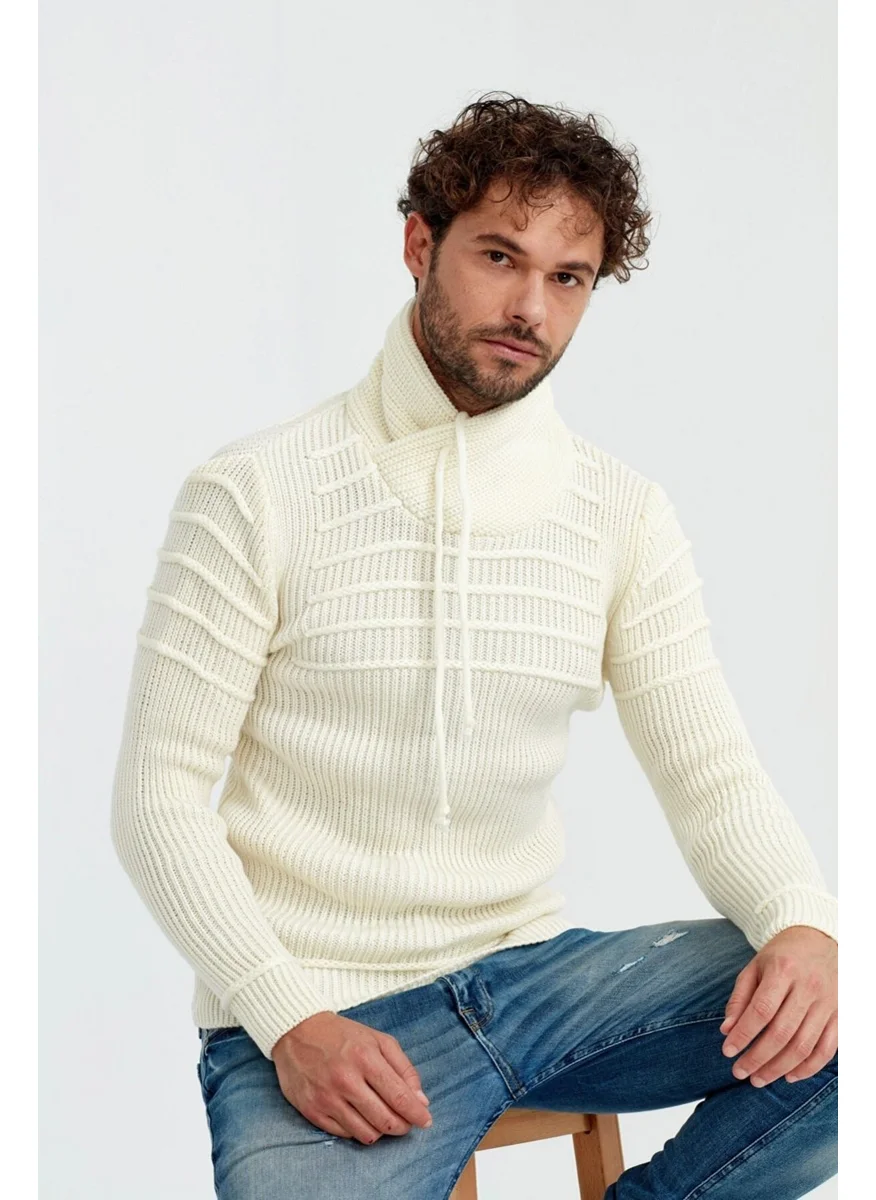 Cool Tarz Cool Style Men's White Shawl Collar Chest Striped Knitwear Sweater