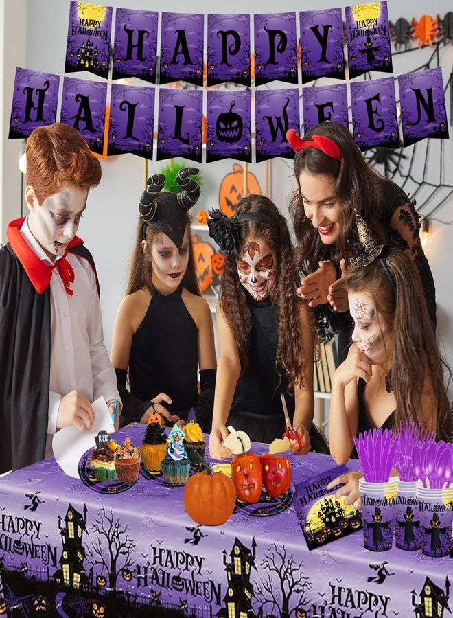 GalaHub 194Pcs Halloween Party Decorations, Happy Halloween Party Supplies with Banner Tablecloth Plates Cups, Disposable Tableware Set for Adults or Kids, Serve 24 - Image 4