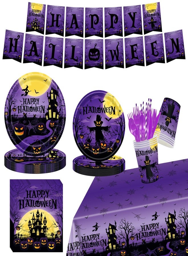GalaHub 194Pcs Halloween Party Decorations, Happy Halloween Party Supplies with Banner Tablecloth Plates Cups, Disposable Tableware Set for Adults or Kids, Serve 24 - Image 1