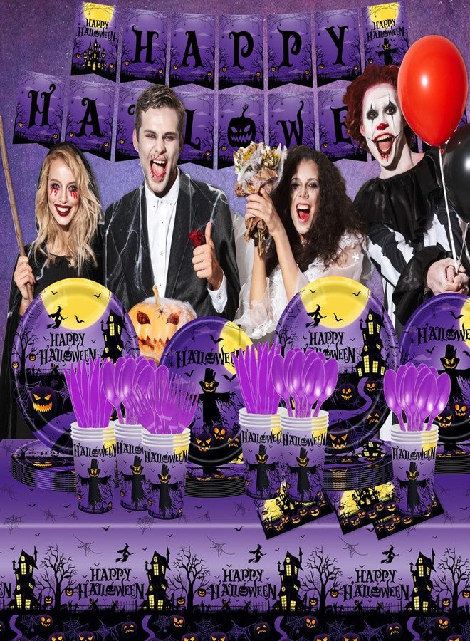 GalaHub 194Pcs Halloween Party Decorations, Happy Halloween Party Supplies with Banner Tablecloth Plates Cups, Disposable Tableware Set for Adults or Kids, Serve 24 - Image 5