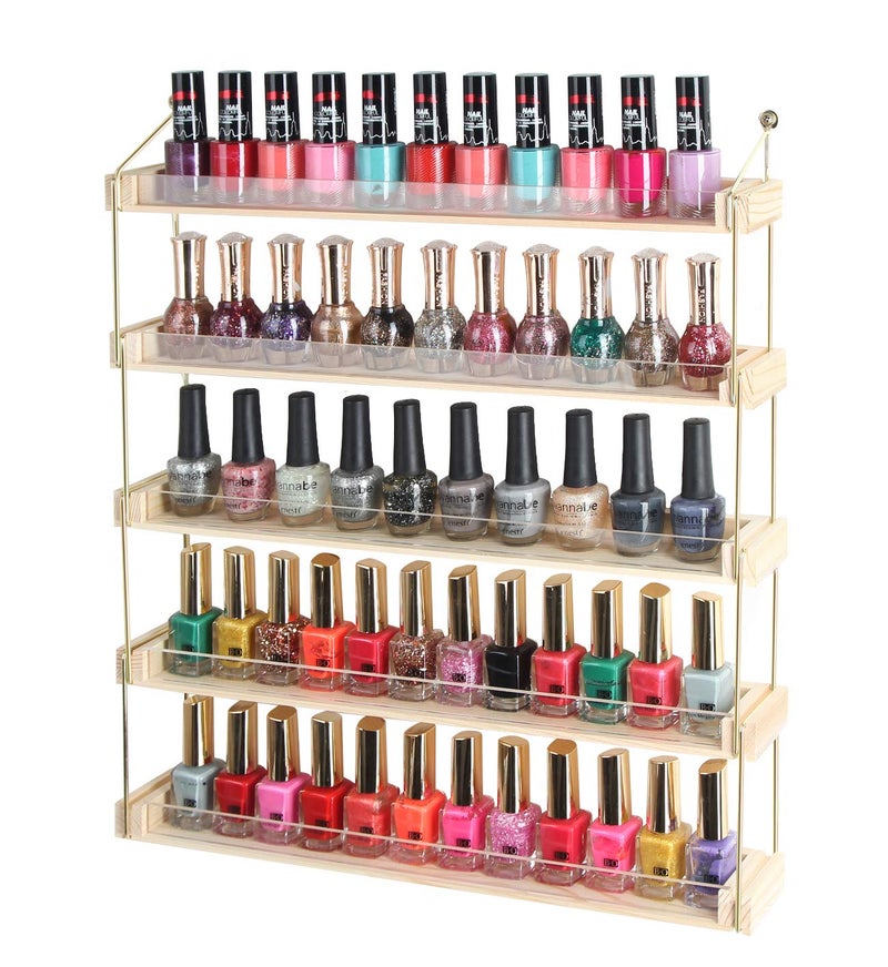 J JACKCUBE DESIGN Wall Mount Gold Metal and Wood Nail Polish Display Shelves Rack Organizer Holds 60 Bottles 5 Tier MK543A