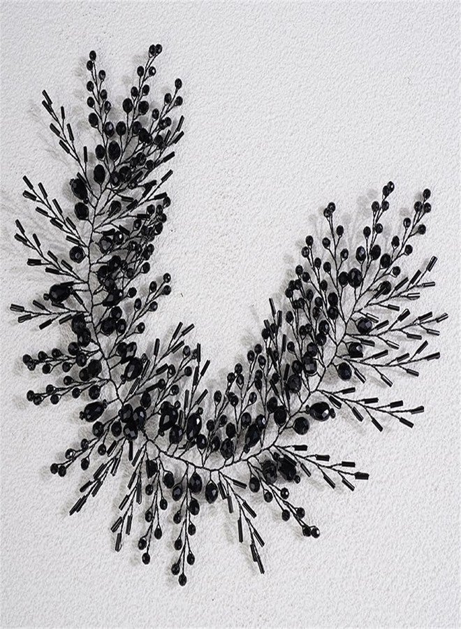 Aimimier Bridal Crystal Hairband Long Hair Vine Crystal Beaded Headband Wedding Prom Party Festival Fashion Hair Accessory for Women (Black) - Image 4