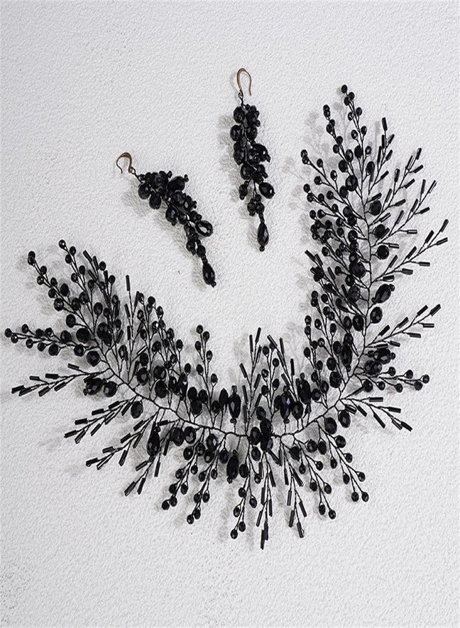 Aimimier Bridal Crystal Hairband Long Hair Vine Crystal Beaded Headband Wedding Prom Party Festival Fashion Hair Accessory for Women (Black) - Image 2