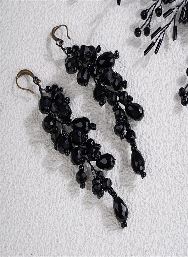 Aimimier Bridal Crystal Hairband Long Hair Vine Crystal Beaded Headband Wedding Prom Party Festival Fashion Hair Accessory for Women (Black) - Image 5