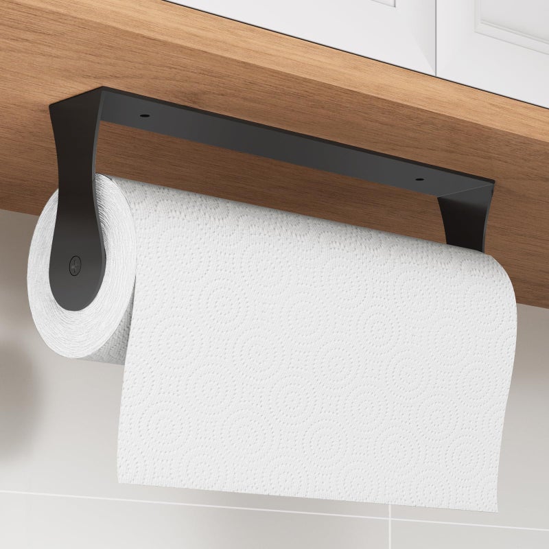 PAROTO Paper Towel Holder Under Cabinet, Stainless Steel, Wall Mount, Black Adhesive Paper Roll Holder for Kitchen and Bathroom - Image 1