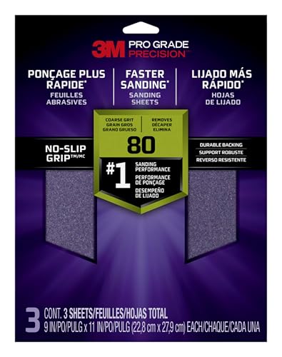 3M Pro Grade No-Slip Grip Sandpaper, 80 Grit – Durable C-Weight Backing, Anti-Clog Coating, 9 x 11 Inch Sheets (3-Pack) - Image 1