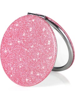 Dynippy Dynippy Compact Mirror 3.15 inch Double-Sided 1X/2X Magnifying Bulk Pu Leather Makeup Mirrors Round Mirror for Purses Small Pocket Portable Hand Mirror (1, Bling Pink, 3.15 * 3.15 inch) 