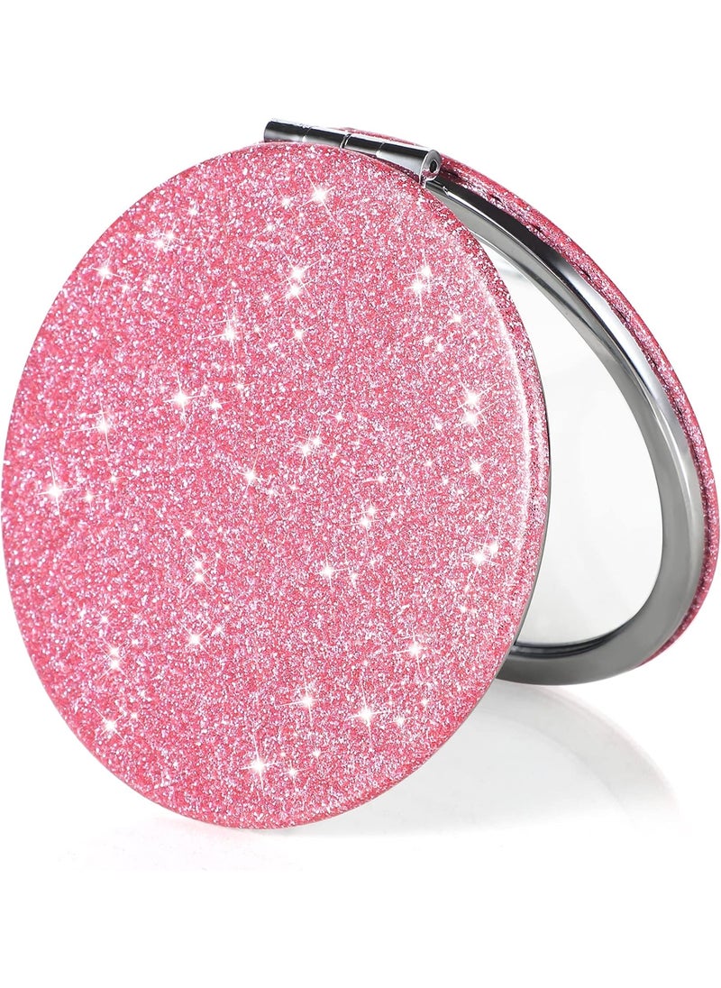 Dynippy - Dynippy Compact Mirror 3.15 inch Double-Sided 1X/2X Magnifying Bulk Pu Leather Makeup Mirrors Round Mirror for Purses Small Pocket Portable Hand Mirror (1, Bling Pink, 3.15 * 3.15 inch) - Image 1