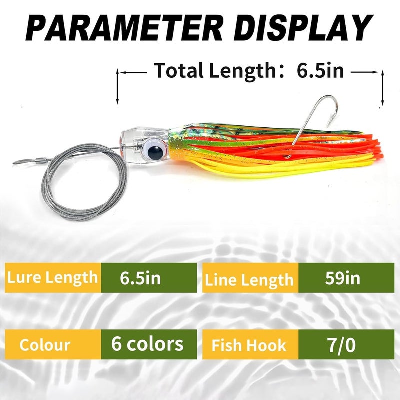 YOTO Trolling Lure Saltwater,6.5 inch 6 pcs Squid Skirted Deep Sea Fishing Lure kit,Tuna,Marlin,Wahoo,Shark,Mahi Trolling Fishing Lures - Image 4