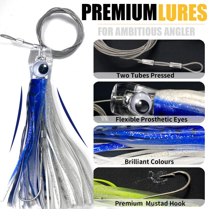 YOTO Trolling Lure Saltwater,6.5 inch 6 pcs Squid Skirted Deep Sea Fishing Lure kit,Tuna,Marlin,Wahoo,Shark,Mahi Trolling Fishing Lures - Image 3