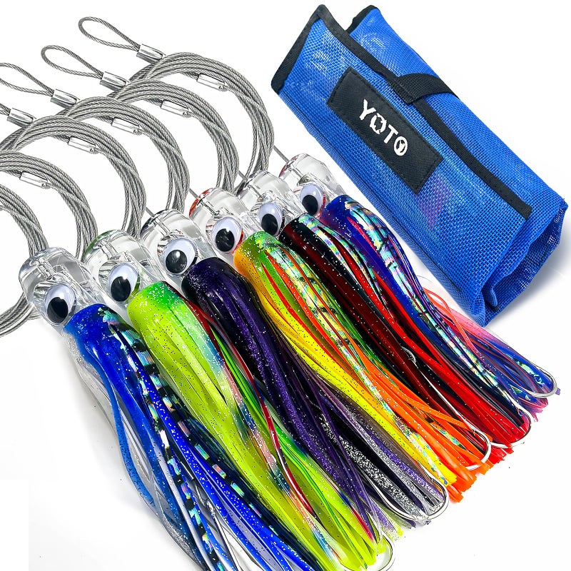 YOTO Trolling Lure Saltwater,6.5 inch 6 pcs Squid Skirted Deep Sea Fishing Lure kit,Tuna,Marlin,Wahoo,Shark,Mahi Trolling Fishing Lures - Image 1