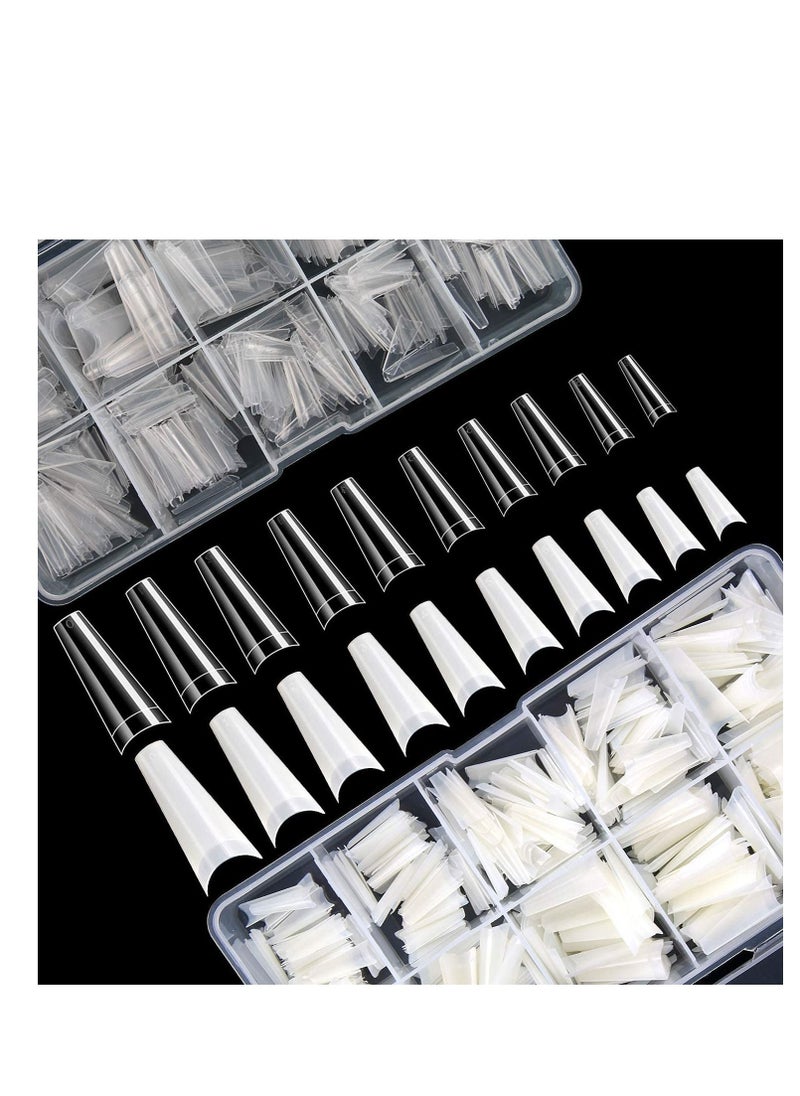 Y&D Manicure, Long Nail Tips Acrylic Flat Nails Half False Flake 10sizes with Clear Plastic Case for Salon Shop Diy Art Ballerina (Clear+Natural 1000PCS)  - Image 1
