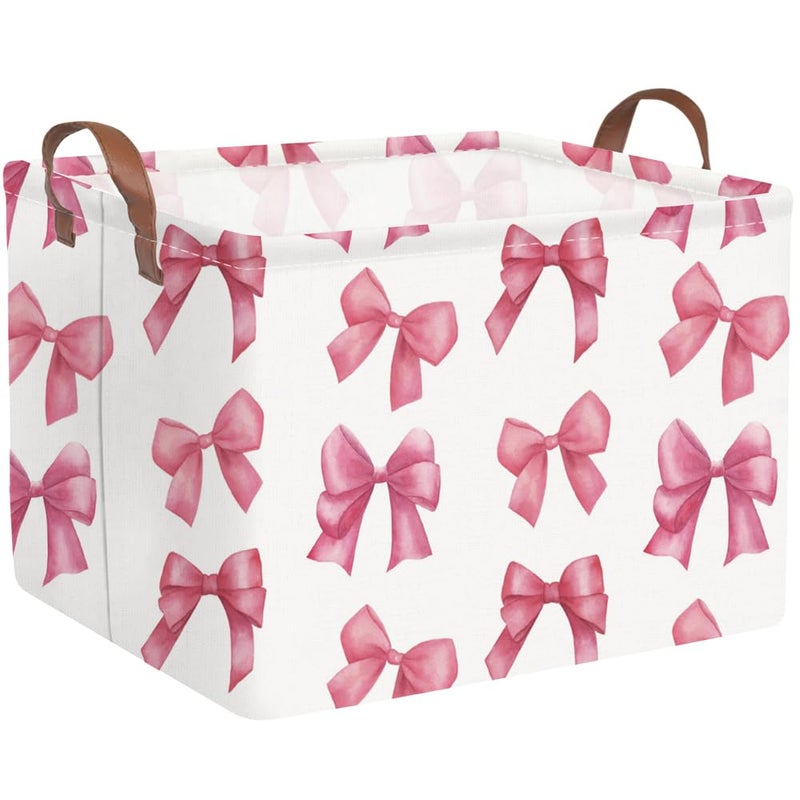 FXOCSHE Rectangular Pink Girls basket,Delicate pink bow girls nursery laundry basket,Pink Laundry Hamper,kids waterproof collapsible canvas basket,Toy bins,Girls Room decor(Bowknots) - Image 1