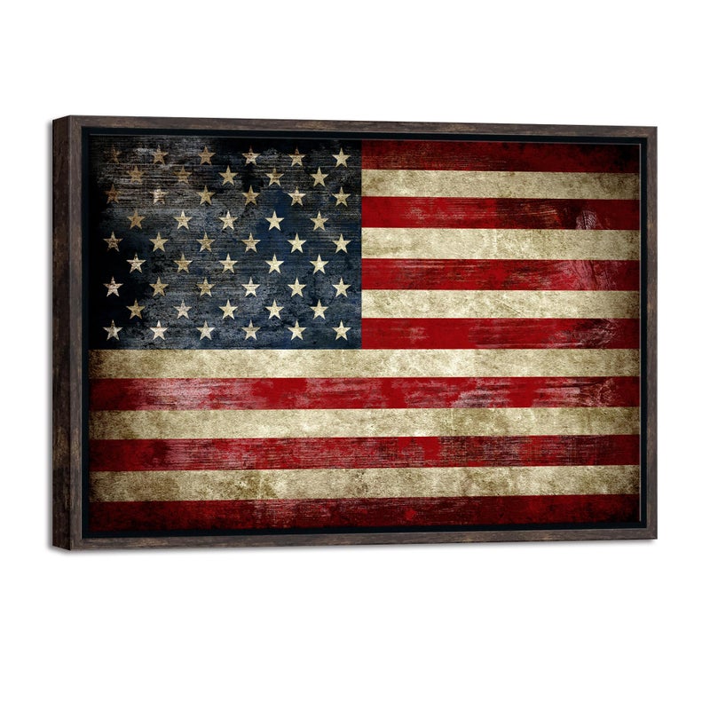 Pyradecor Walnut Framed Wall Art Old Vintage American Flag Canvas Prints Abstract Landscape Pictures Paintings for Living Room Office Home Decorations - Image 1