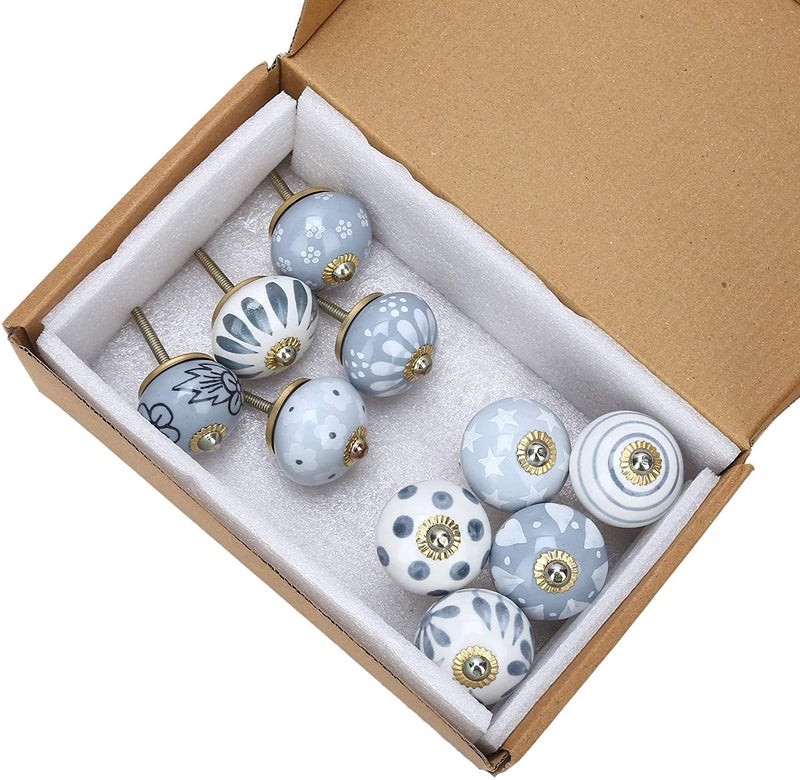 THE HIMALAYA CRAFT Ceramic Beautiful Knobs for Cabinets and Cupboards Drawer Pulls Pack of 10 Standard Size Multicolor Grey Knobs