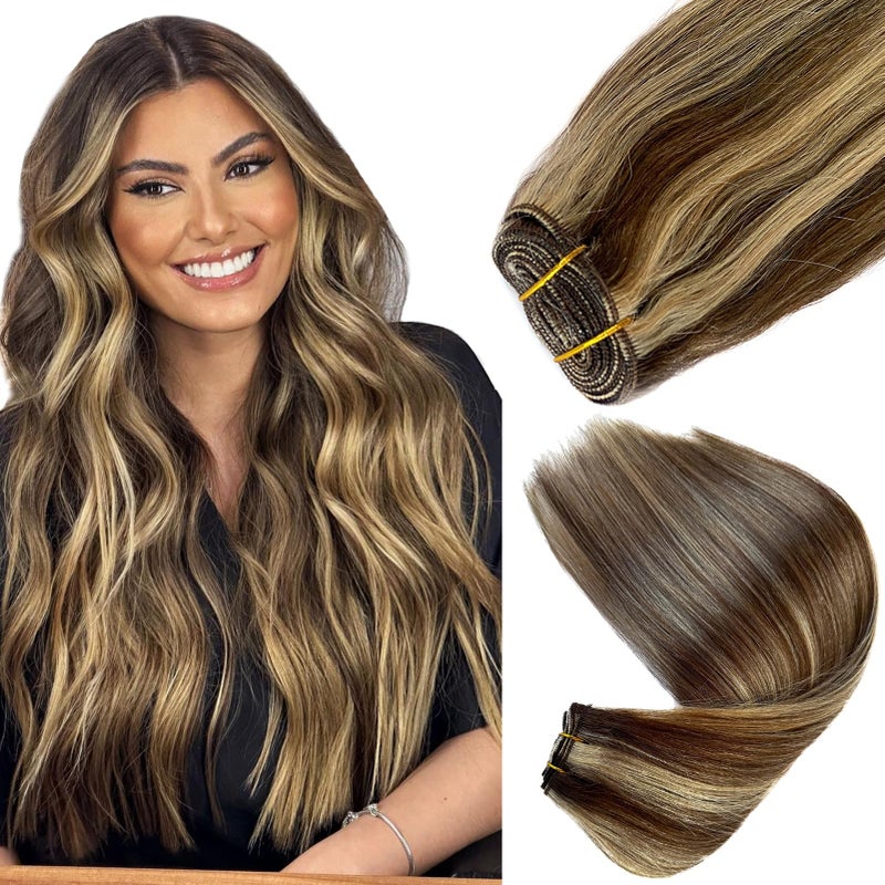Sew in Human Hair Extensions 20 Inch 100G Balayage Chocolate Brown to Blonde Highlights HandTied Weft for Real Hair Blonde Highlights