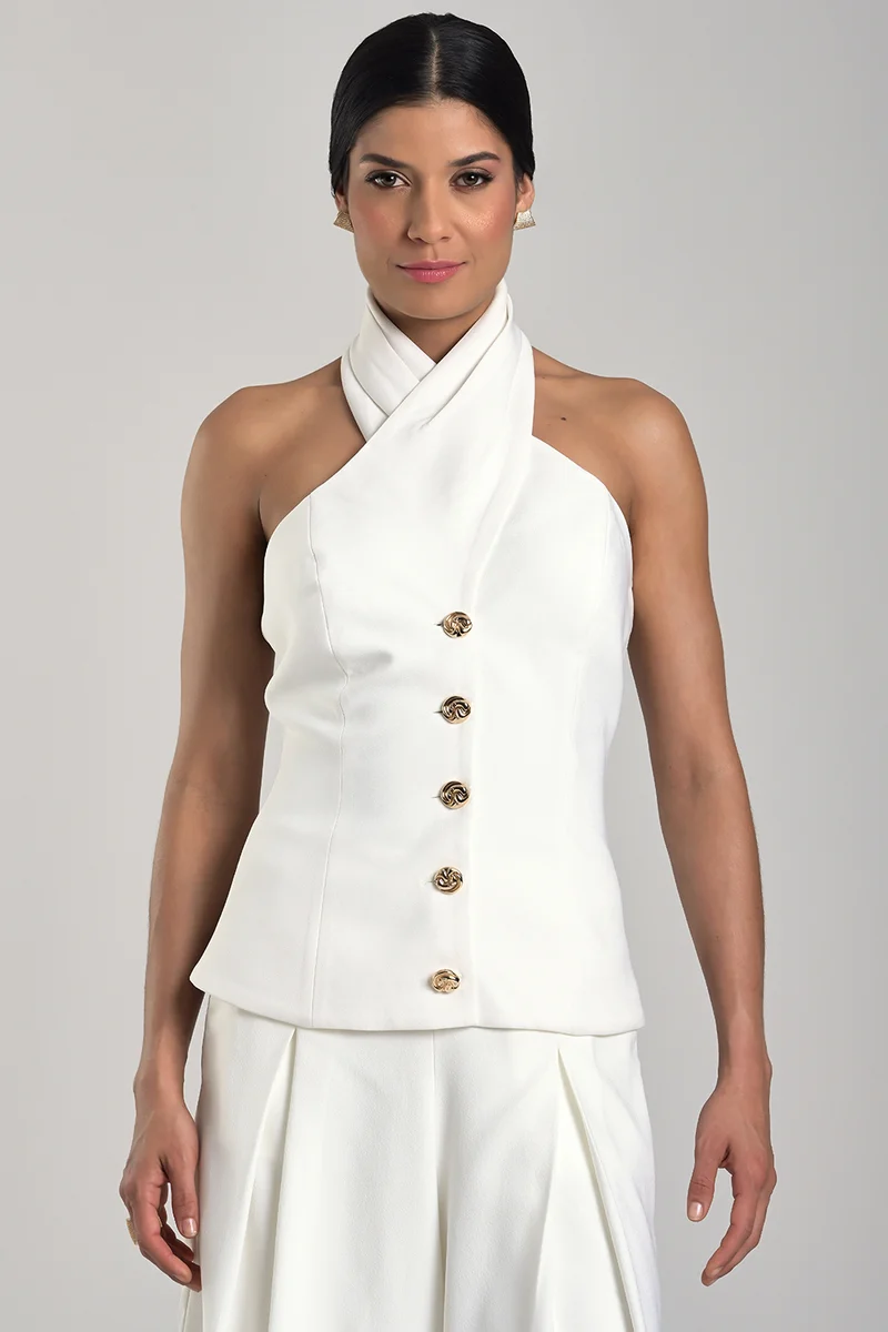 Halter Neck Tailored Top with Crossed Neckline