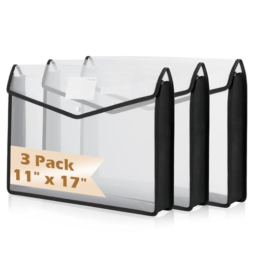 XUWAIDSGN 3 Pcs 11 x 17 Inch Expandable Tabloid Size Document Folder with Label A3 Plastic Folders for Documents Expanding File Wallet Envelope Size 3 Black - Image 1
