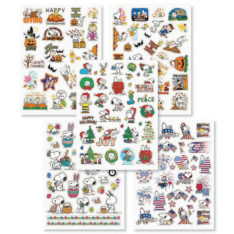 Peanuts Gang Snoopy Charlie Brown Lucy Linus Character Christmas Easter Thanksgiving Halloween 4th of July Seasonal Holiday Sticker Set, 5 Sheets 118 Stickers - Image 1