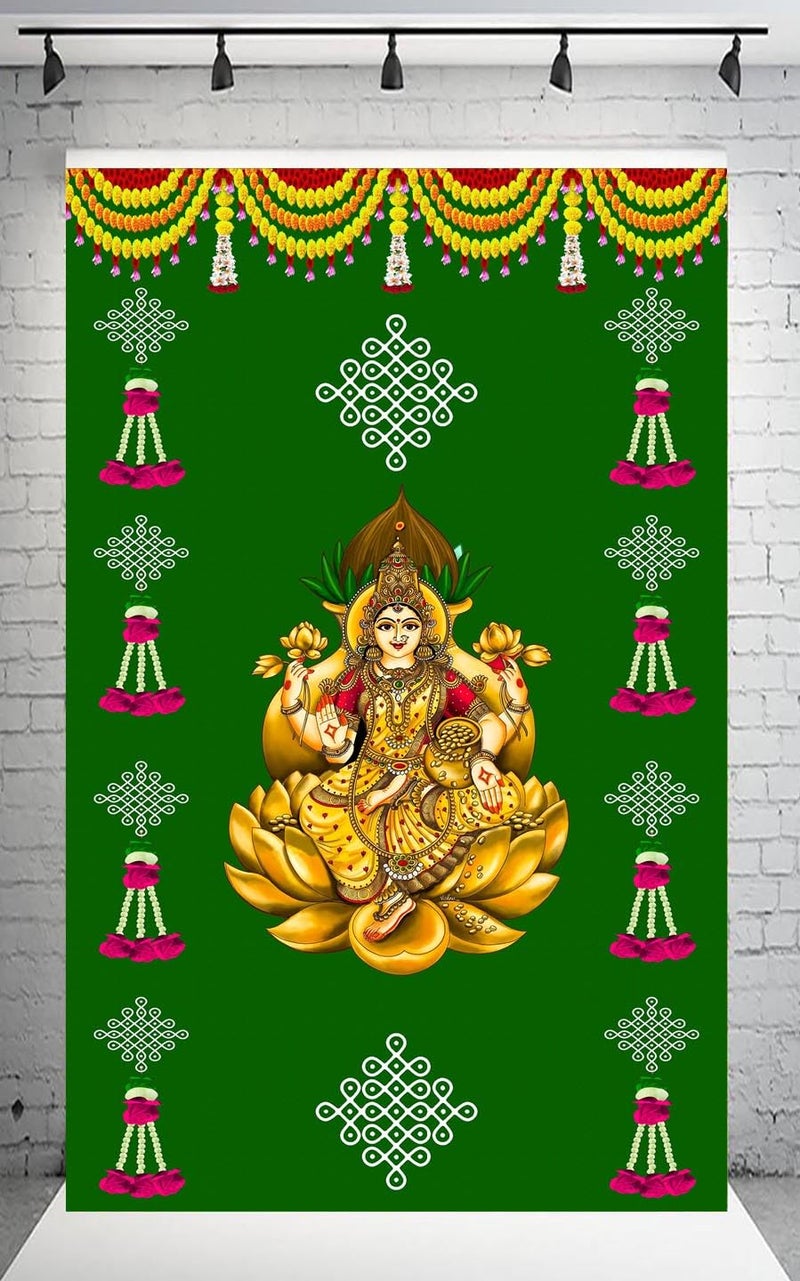 DHARA CREATION Dhara Mataji Backdrop with Hanging Flower Design - 5ft x 8ft Polyester Fabric for Navratri Decoration, Garba dandiya Decor Washable Fabric - Image 1