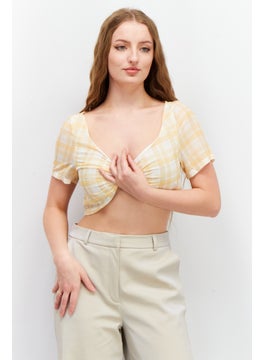 Women V-Neck Short Sleeve Checkered Crop Top, Yellow