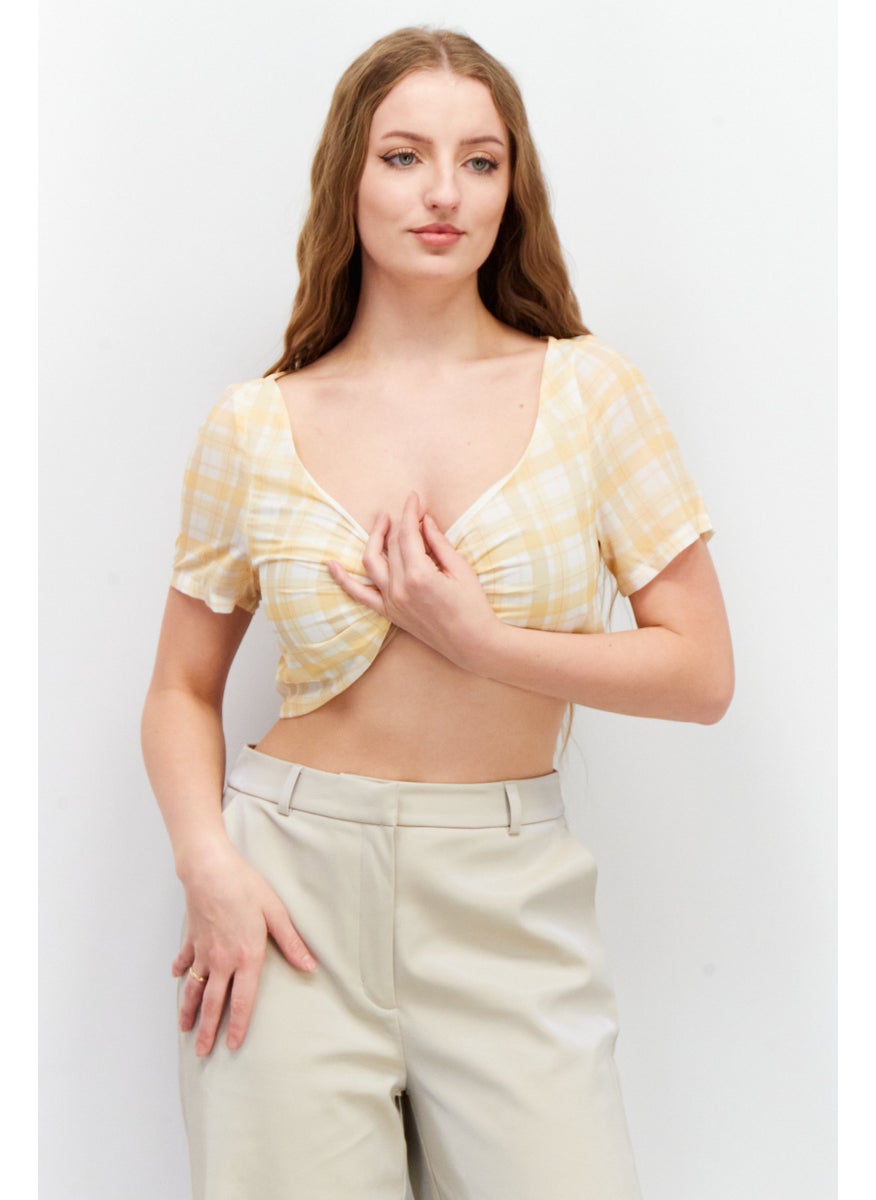 Unique21 - Women V-Neck Short Sleeve Checkered Crop Top, Yellow - Image 1