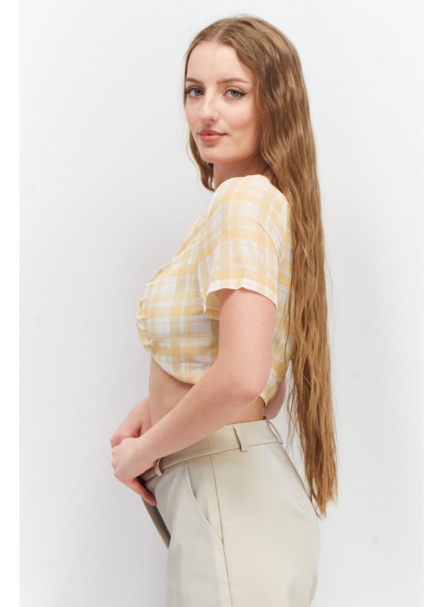 Unique21 - Women V-Neck Short Sleeve Checkered Crop Top, Yellow - Image 1