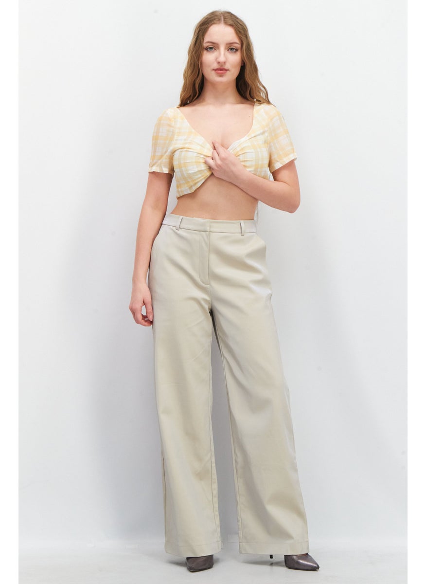 Unique21 - Women V-Neck Short Sleeve Checkered Crop Top, Yellow - Image 1