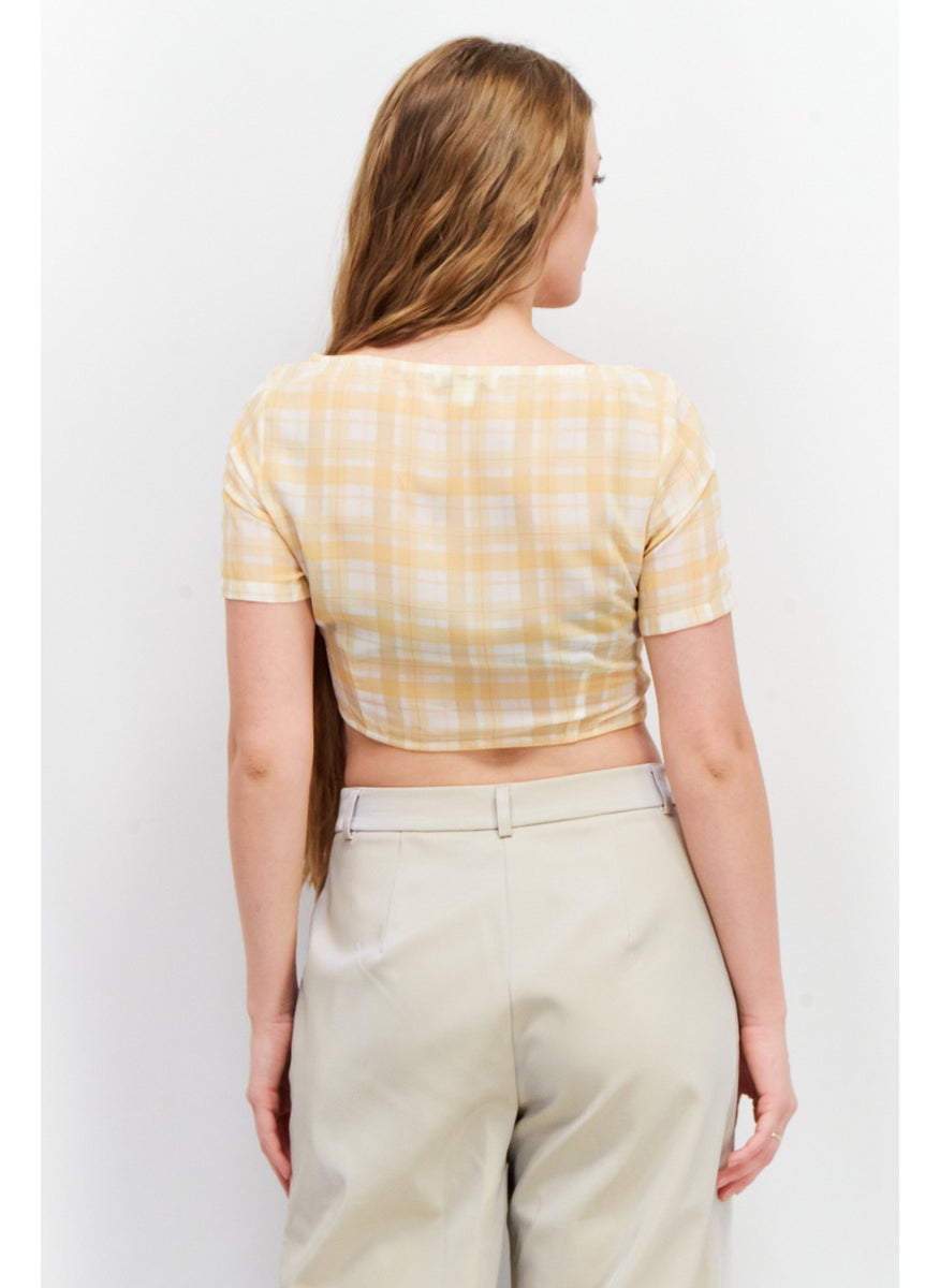 Unique21 - Women V-Neck Short Sleeve Checkered Crop Top, Yellow - Image 1