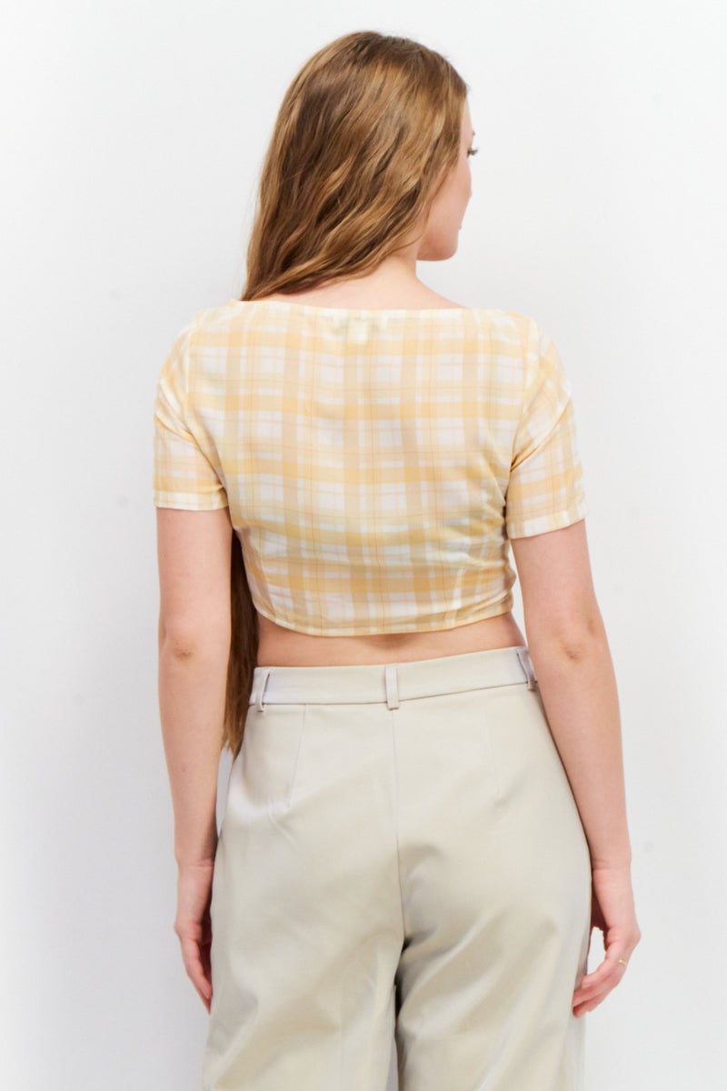 Unique21 Women V-Neck Short Sleeve Checkered Crop Top, Yellow - Image 4