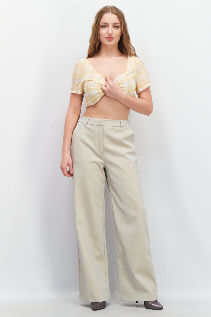 Unique21 Women V-Neck Short Sleeve Checkered Crop Top, Yellow - Image 4