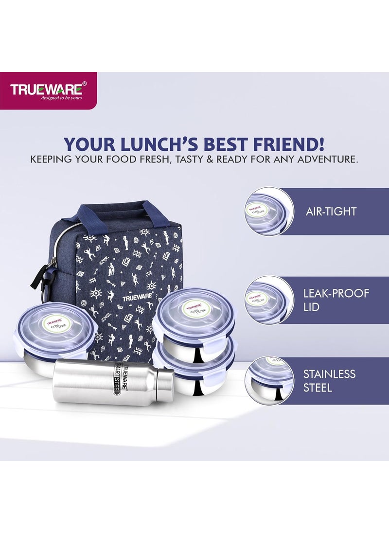 Trueware Crave Clip Close Khadi Lunch Box with 3 Container 300ml 1 Bottle 500ml 3 Containers Lunch Box Air Tight for Office for Men and Women
