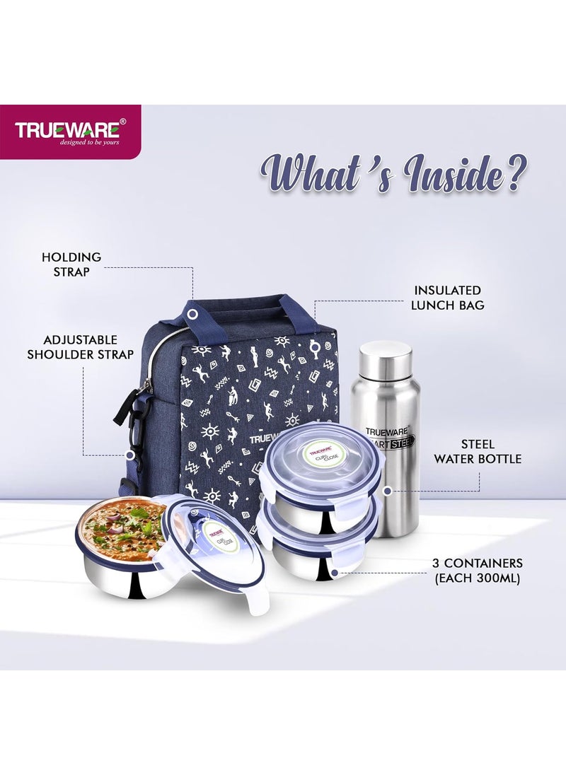 Trueware Crave Clip Close Khadi Lunch Box with 3 Container 300ml 1 Bottle 500ml 3 Containers Lunch Box Air Tight for Office for Men and Women