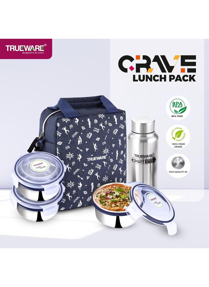 Trueware Crave Clip Close Khadi Lunch Box with 3 Container 300ml 1 Bottle 500ml 3 Containers Lunch Box Air Tight for Office for Men and Women