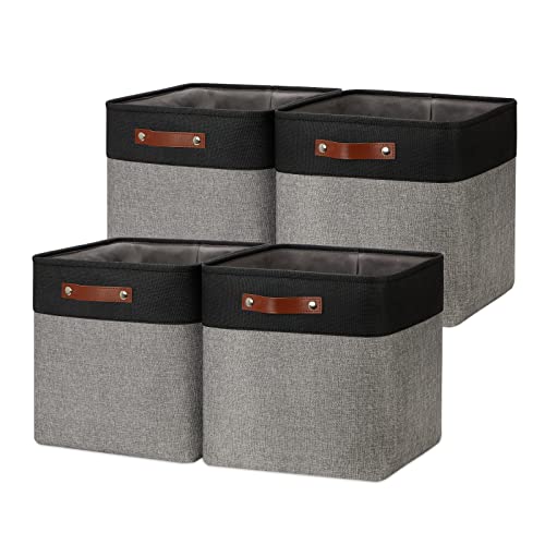 DULLEMELO Storage Bins for Organizing,Closet Storage Baskets for Gift Empty,Large Linen Canvas Storage Bins with Handles for Home Office Toys Shelves(Black&Grey, 13 inch Cube) - Image 1