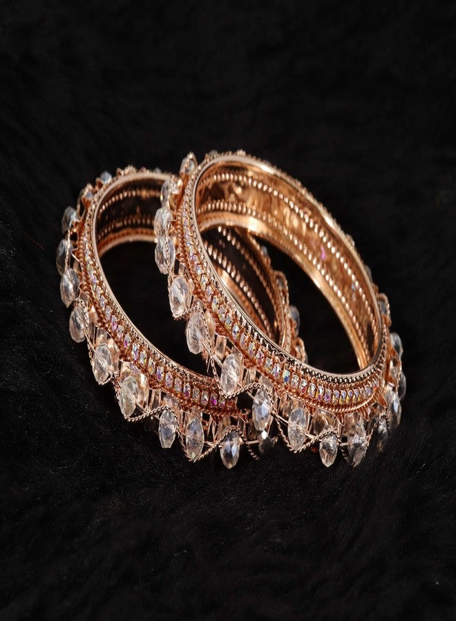 NMII Alloy Metal Pearls & Diamond Stone Traditional Bangles Set For Women & Girls | Designer, Fancy Party, Wedding, Occasion Jewellery | Bangles Kada For Women Stylish | Set of 2-(MAH62-RoseGold-2.4) - Image 3