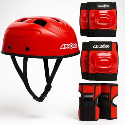 Aprodo Kids Sports Protective Gear Set | from Beginner to Advanced | for Ages 3-5-8-14 Boys & Girls | Includes Knee & Elbow Pads, Wrist Guards | Ideal for Skateboarding, Cycling & Scooter (Red) - Image 1