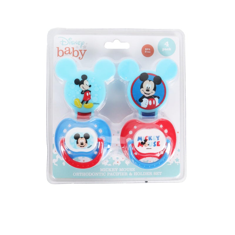 Disney Cudlie Mickey Mouse Baby Boy 4 Pack of 2 Pacifiers & 2 Clips with Old Time Mickey Print - Image 1